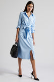 Blue Collar Neck A Line Midi Work Shirt Dress with Sash