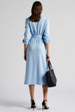 Blue Collar Neck A Line Midi Work Shirt Dress with Sash