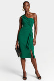 Dark Green One Shoulder Bodycon Midi Work Dress with Drape