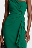 Dark Green One Shoulder Bodycon Midi Work Dress with Drape