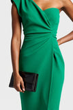 Dark Green One Shoulder Satin Midi Work Dress with Slit