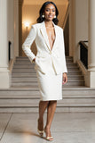 White Satin Notched Lapel 2 Piece Bodycon Midi Business Suits with Pockets