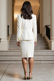 White Satin Notched Lapel 2 Piece Bodycon Midi Business Suits with Pockets