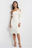 White Satin Bodycon Midi Work Dress with Flower