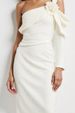 White Satin Bodycon Midi Work Dress with Flower