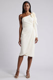 White Midi Bodycon Satin Ruched Work Dress with Flower