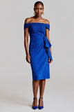 Royal Blue Bodycon Midi Satin Work Dress with Lace