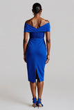 Royal Blue Bodycon Midi Satin Work Dress with Lace