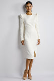 White Bodycon Long Sleeves Satin Midi Work Dress with Slit