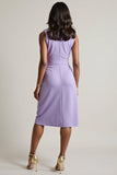 Purple Bodycon Tie Front Ruched Midi Work Dress with Slit