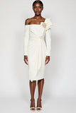 White One Shoulder Bodycon Long Sleeves Midi Work Dress with Ruffles
