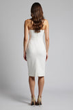 White Strapless Bodycon Ruffled Satin Midi Work Dress with Slit