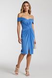 Blue Bodycon Satin Off the Shoulder Midi Work Dress with Slit