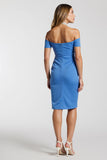 Blue Bodycon Satin Off the Shoulder Midi Work Dress with Slit