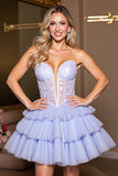 Lavender A Line Strapless Corset Short Tulle Prom Dress with Lace