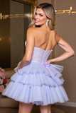 Lavender A Line Strapless Corset Short Tulle Prom Dress with Lace
