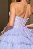 Lavender A Line Strapless Corset Short Tulle Prom Dress with Lace