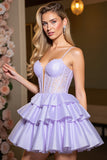 Lavender Satin A Line Corset Short Prom Dress with Appliques