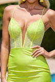 Sparkly Light Yellow Beaded Bodycon Short Satin Prom Dress