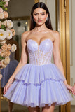 Lavender Tulle A Line Corset Short Prom Dress with Appliques