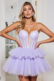 Lavender Tulle Corset A Line Strapless Short Prom Dress