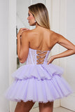 Lavender Tulle Corset A Line Strapless Short Prom Dress