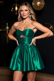 Dark Green Ruched Satin  A Line Strapless Short Prom Dress