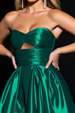 Dark Green Ruched Satin  A Line Strapless Short Prom Dress