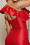 Red One Shoulder Bodycon Short Satin Prom Dress with Fringes