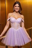 Sparkly Lilac Corset Off the Shoulder Short Tulle Prom Dress