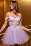 Sparkly Lilac Corset Off the Shoulder Short Tulle Prom Dress