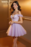 Lilac Sparkly A Line Corset Tulle Short Prom Dress