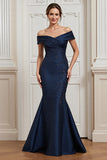 Navy Mermaid Satin Maxi Mother of the Bride Dress with Appliques