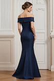 Navy Mermaid Satin Maxi Mother of the Bride Dress with Appliques