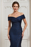 Navy Mermaid Satin Maxi Mother of the Bride Dress with Appliques