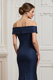 Navy Mermaid Satin Maxi Mother of the Bride Dress with Appliques