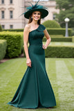 Pine Satin Mermaid Maxi Mother of the Bride Dress with Appliques