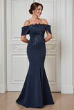 Navy Off the Shoulder Satin Maxi Mother of the Bride Dress with Appliques