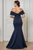 Navy Off the Shoulder Satin Maxi Mother of the Bride Dress with Appliques