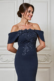 Navy Off the Shoulder Satin Maxi Mother of the Bride Dress with Appliques