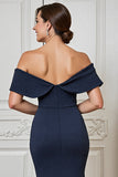 Navy Off the Shoulder Satin Maxi Mother of the Bride Dress with Appliques