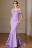 Lilac Off the Shoulder Satin Mermaid Maxi Mother of the Bride Dress