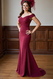 Burgundy Mermaid Off the Shoulder Satin Maxi Mother of the Bride Dress