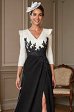 Black and White V-Neck Satin Maxi Mother of the Bride Dress with Slit
