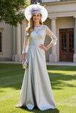 Silver A Line Maxi Satin Mother of the Bride Dress with Appliques