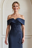 Navy Satin Mermaid Maxi Mother of the Bride Dress with Appliques
