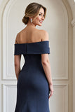 Navy Satin Mermaid Maxi Mother of the Bride Dress with Appliques