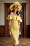 Daffodil Satin Off the Shoulder Bodycon Midi Mother of the Bride Dress