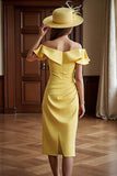Daffodil Satin Off the Shoulder Bodycon Midi Mother of the Bride Dress