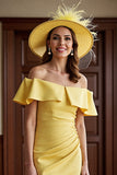 Daffodil Satin Off the Shoulder Bodycon Midi Mother of the Bride Dress